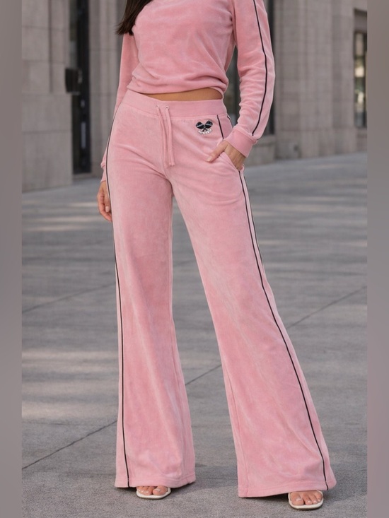 Juicy Couture Pants - Juicy Couture Pink Velour Wide-Leg Track Pants with Blue Side Stripes